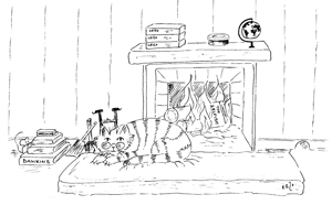 Mary Midgley cat by fireplace